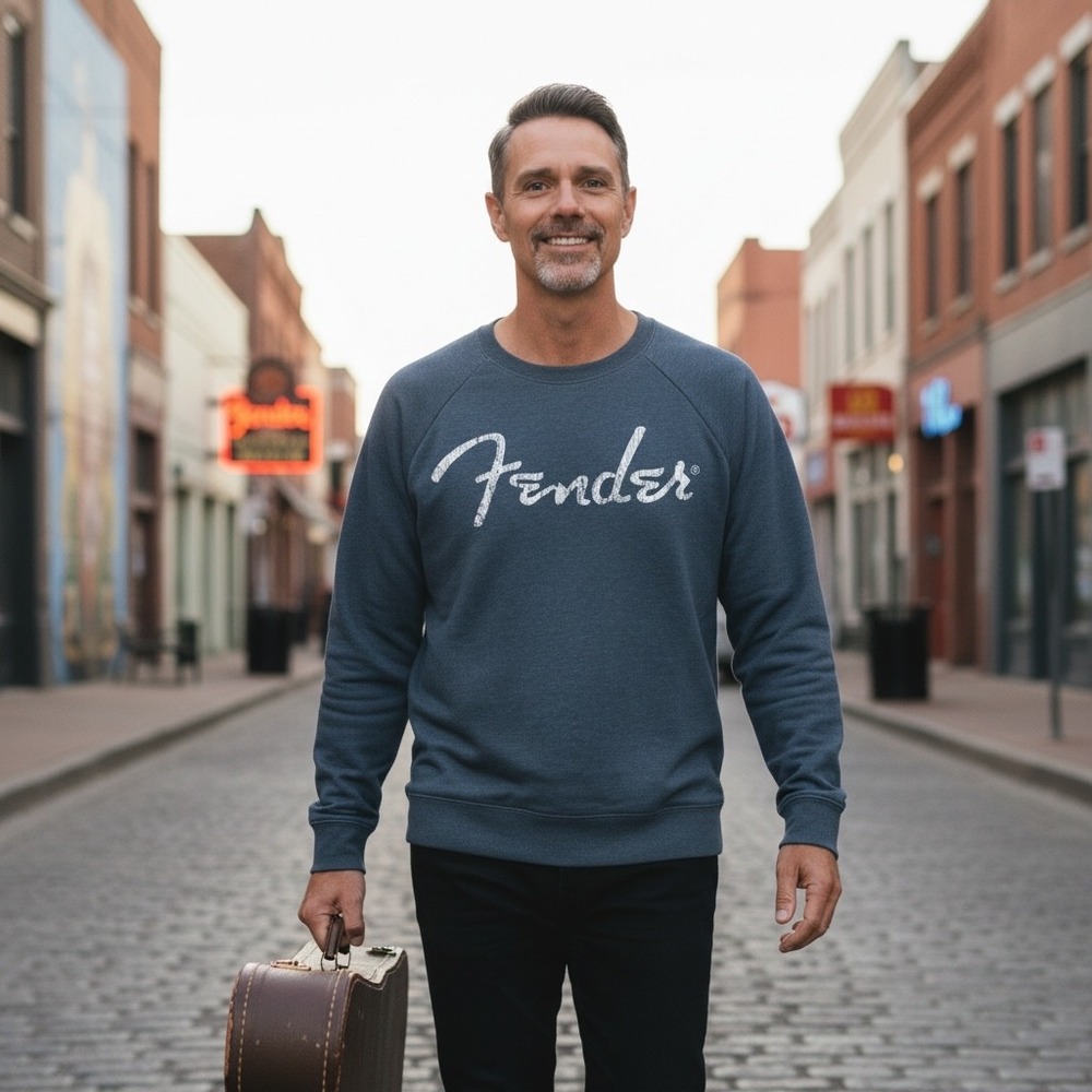 Fender Mens Graphic Logo Raglan Sweatshirt Heather Navy Blue Large EUC